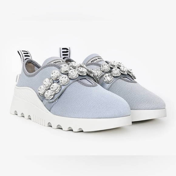 Miu Miu Shoes - Miu Miu Grey Crystal Embellished Slip-On Sneakers Size 36.5